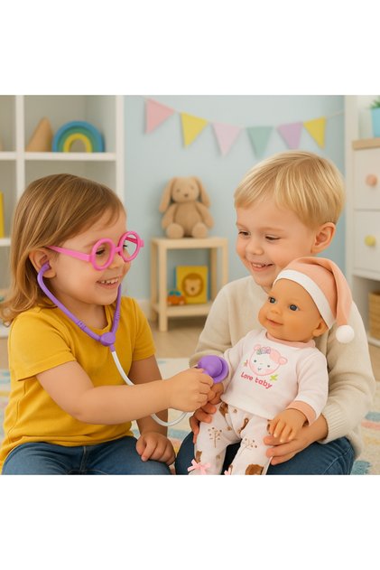 Papusa Bebelus 30 Cm cu Set Medical Doctor, 7 Accesorii, Joc de Rol Educativ pentru Copii 3+ Ani