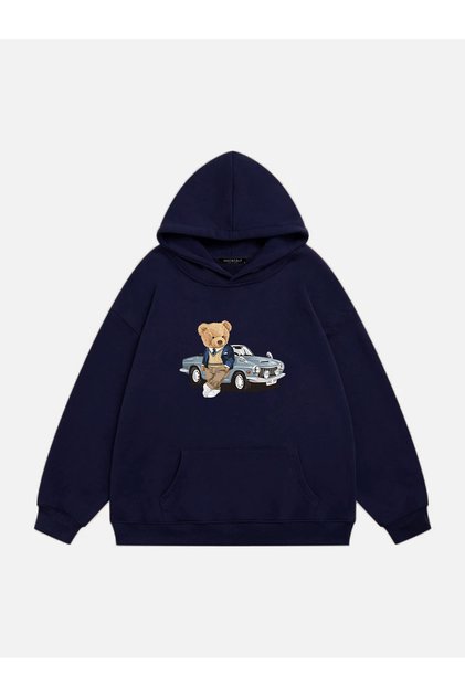 Unisex Rich Teddy Printed Hooded Fleece Oversize Sweatshirt