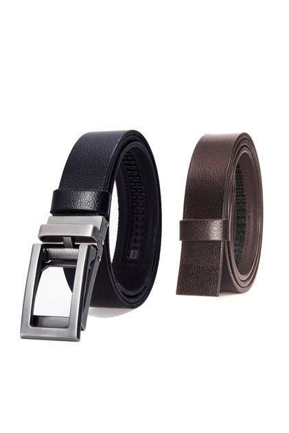 Automatic Buckle, No Hole, 100% Genuine Buffalo Leather Classic Men's Belt with Brown Stripe