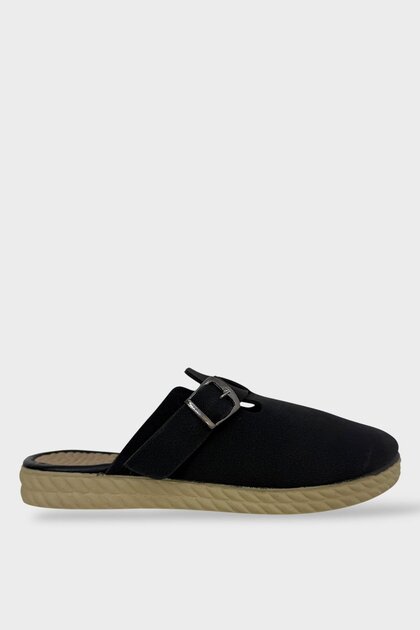 Belt Buckle Nubuck Women's House Slippers Black