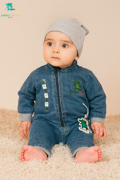 Unisex Kids Baby Jeans (Jeans) Printed Hat Jumpsuit (6/9/12/18) Months