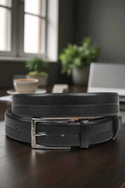 Men's Black 3.5 cm Wide Semi Patterned Matte Color Faux Leather Belt 2402612