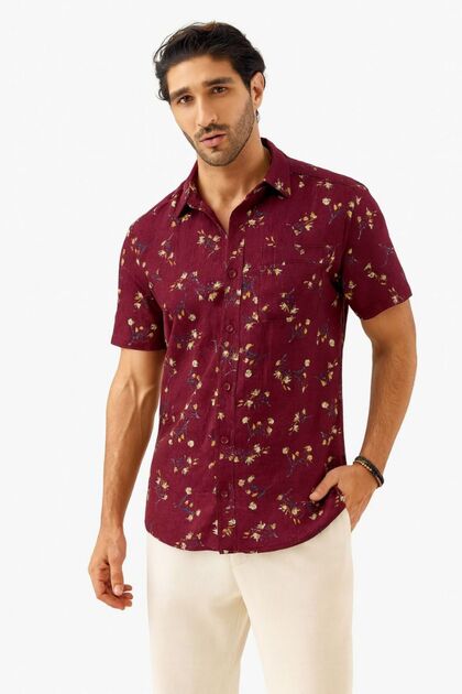 Maroon Floral Print Cotton Casual Shirt for Men's