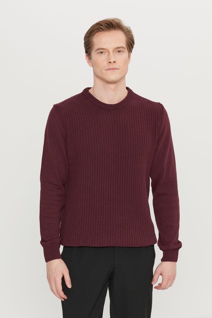 Erkek Bordo Pamuklu Standart Fit Normal Kesim Bisiklet Yaka Jakarlı Triko Kazak