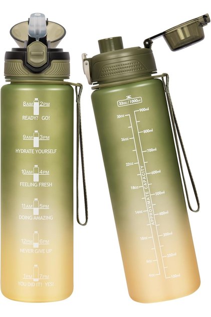 Sticlă sport din plastic fără BPA, gradată cu pai, etanșă, verde, 1 l