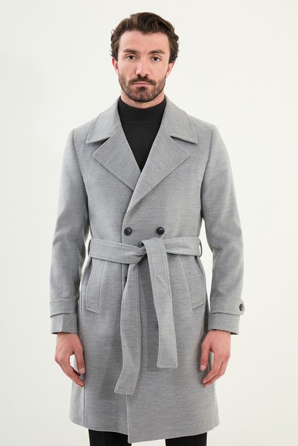 Düz Slim Fit Geniş Yaka Kuşaklı Kruvaze Kaşe Uzun Erkek Kaban Gri - 21303.24K