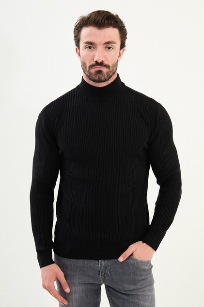 Striped Slim Fit Half Turtleneck Wool Men's Knitwear Sweater Black - 11563.25K