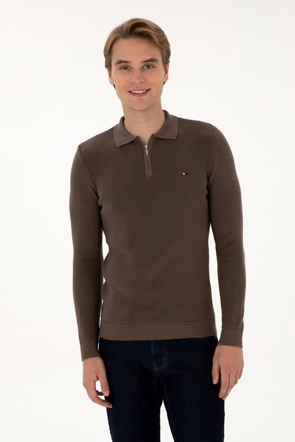 Erkek Regular Fit Yarım Fermuarlı Vizon Basic Kazak 50313685-VR052