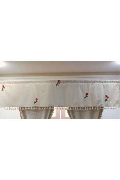 Tulip Embroidered Natural Vintage Cotton Linen Farbela Curtain (Length X Width) Without Pleats