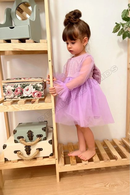 Lilac Sparkly Fabric Long Tulle Sleeve Girl's Dress with Ruffled Tulle Skirt for Baby Girls