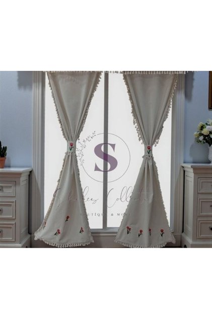 Tulip Embroidered Tasseled Vintage Cotton Linen Curtain (Width X Length) - Single Panel - No Pleats