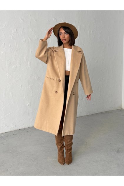 Women's Camel Buttoned Soft Textured Cashmere Coat