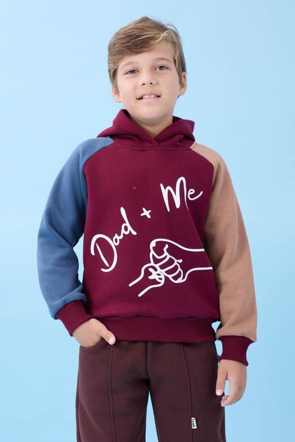 Boy's Dad+Me Printed Winter Hooded Sweatshirt with Fleece Inside – Burgundy