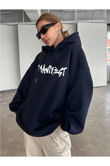 Unisex Erkek/Kadın MANİFEST Renkli Özel Baskılı Pamuklu Oversize Kapüşonlu Sweatshirt