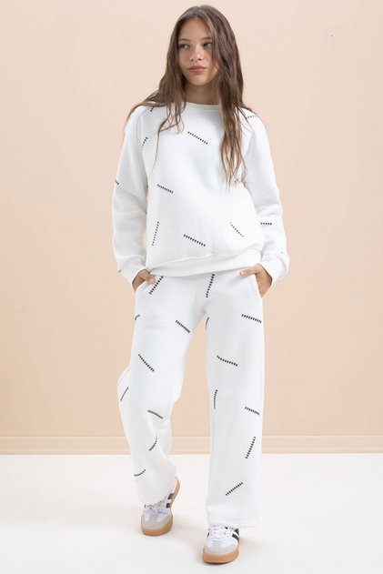 White Girl's Patterned 3 Thread Ribbed Wide Leg Tracksuit Set 22644