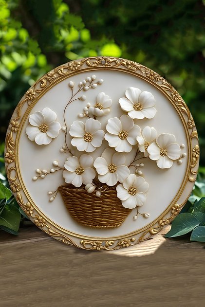 Altın Detaylı Çiçek Sepetli UV Baskılı 3D GÜRÜNÜMLÜ MDF Duvar Süsü – 33x33 cm & 20x20 cm DT116