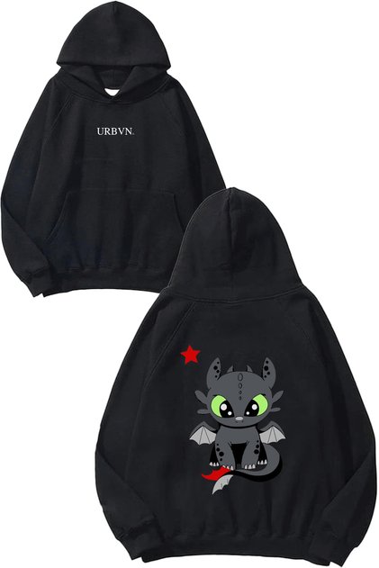 Toothless Design Printed Oversize Black Hooded Sweatshirt