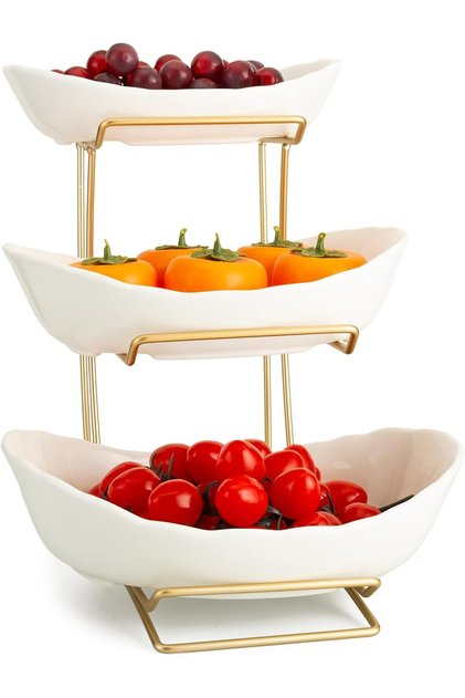 3 Tier White Gold Fruit Bowl and Tray with Metal Stand, Triple Layer Fruit Basket for Snacks, Nuts,