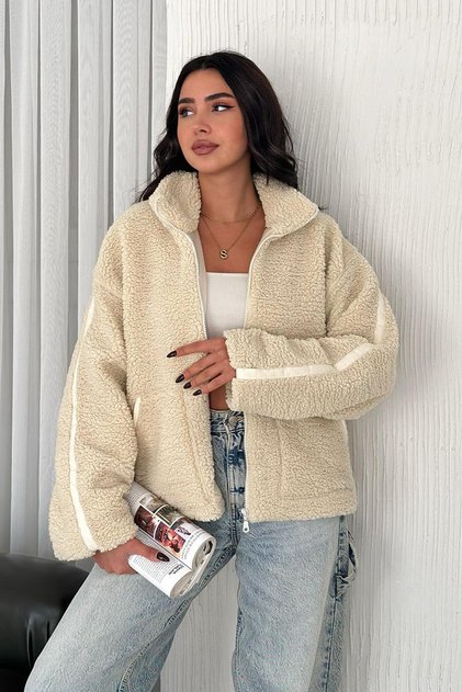 Women's Zippered Oversized Lined Plush Jacket – Soft Textured & Comfortable Style