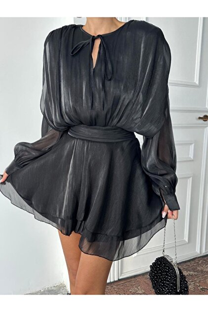 Women's Tie-Up Mini Chiffon Dress with Layered Skirt