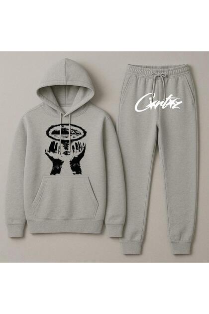 Hooded Crtz Printed Oversize Women'S/Men's Unisex Winter 3 Thread Gray Tracksuit Set
