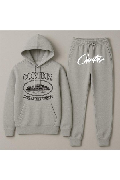 Hooded Crtz Printed Oversize Women'S/Men's Unisex Winter 3 Thread Gray Tracksuit Set