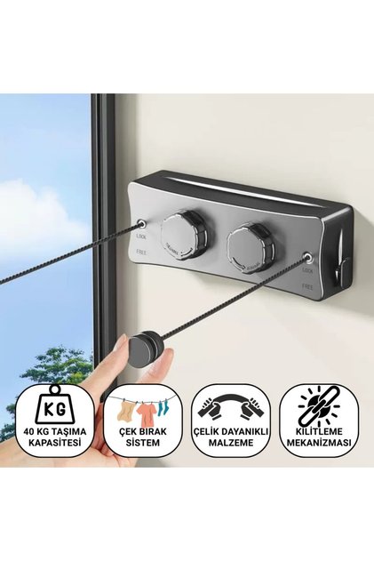 5.1 Metre Uzayabilir Çift Halatlı Çelik Dayanıklı Çek-Bırak Çamaşır İpi, 40 KG Taşıma Kapasit