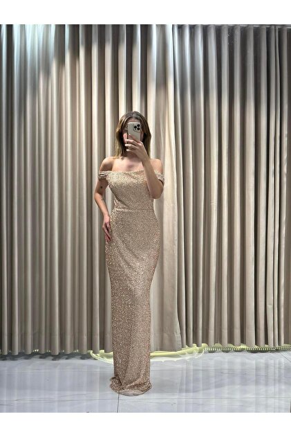 Gold Kırma Taş Abiye Elbise |