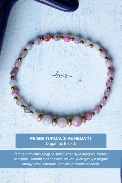 Certified Pink Tourmaline and Hematite Natural Stone Bracelet