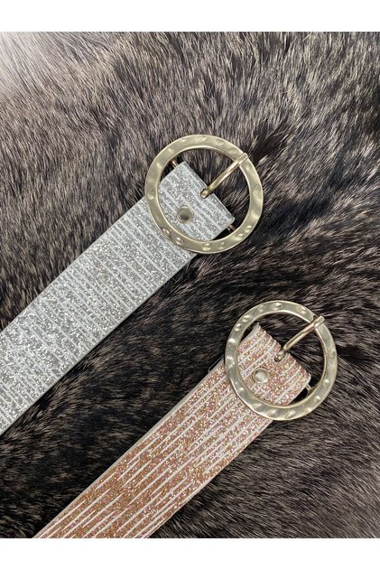 İkili Oval Tokalı Pembe-Gri Simli Kadın Bel Kemeri