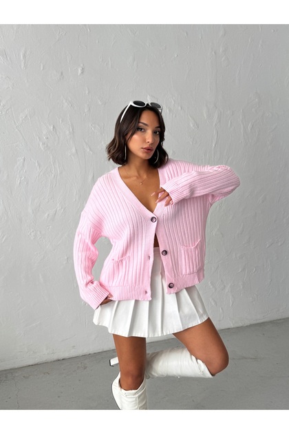 Women's Pink V-Neck Buttoned Pocketed Ribbed Knit Cardigan
