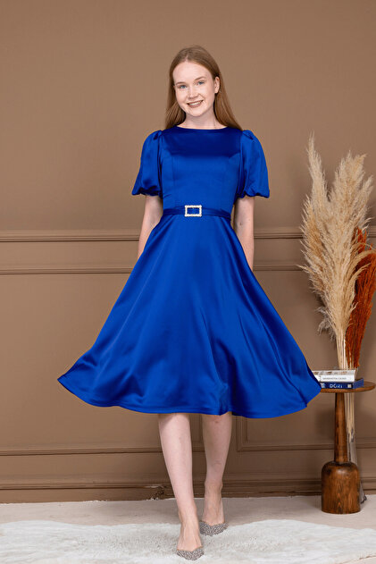 BEYBOS Satin Belt Detail Midi Dress - Cobalt Blue- Trendyol