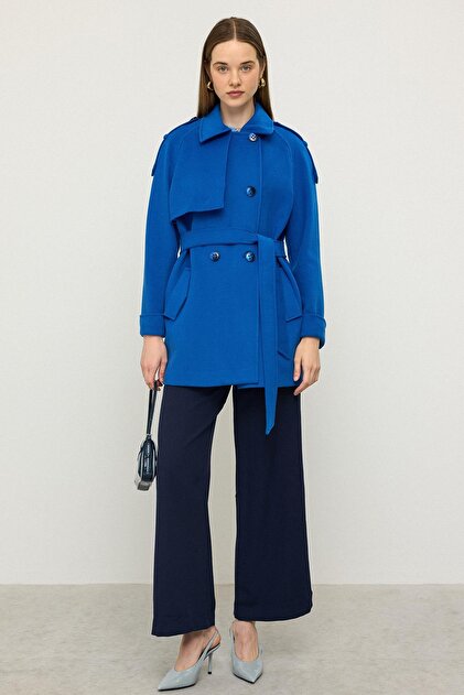 Reglan Sleeve Epaulet and Cape Detailed Cashmere Coat Cobalt blue 3131