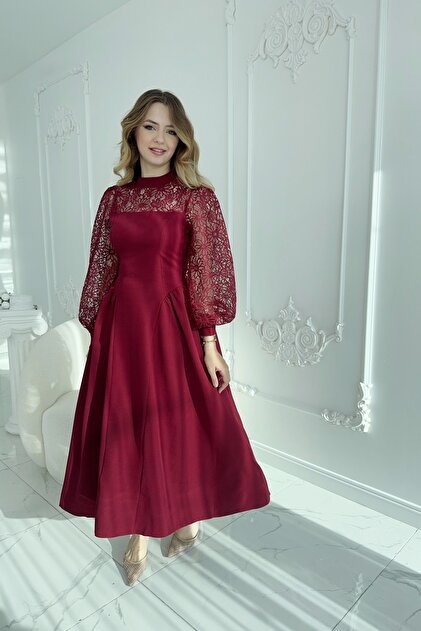 HELS BUTK Princess Cut Burgundy Dress with Neckline and Sleeve Lace  Detail- Trendyol