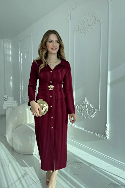 burgundy dress gold buttons HELİS BUTİK Modern Design Button Detailed Belted Crafted in our premium