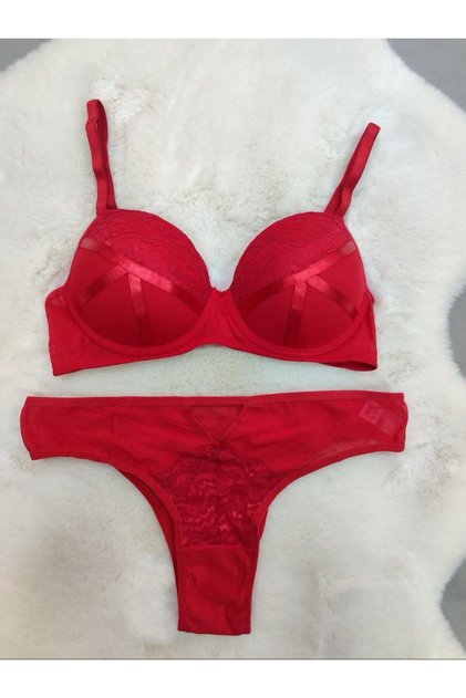 Lace and Ribbon Detailed Padded Underwire Soft Bra Panty Set - Lingerie Set