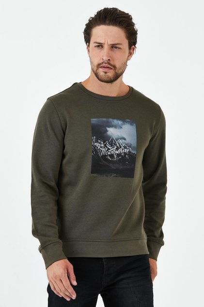 Erkek Bol Kışlık Baskılı Bisiklet Yaka Haki Sweatshirt