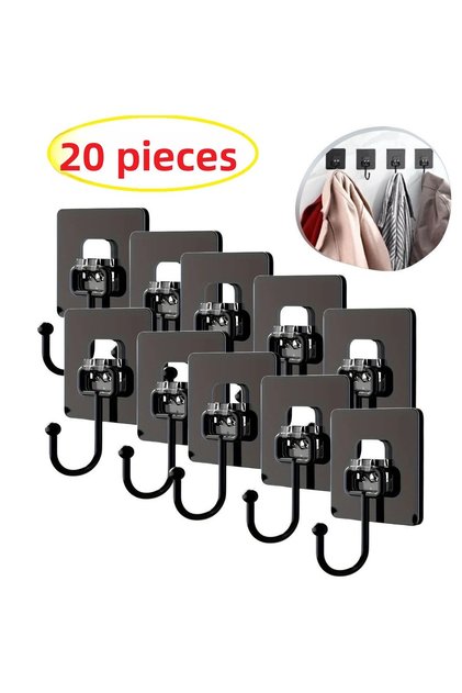 Grade a Quality 20 Pieces Strong Adhesive Black Wall Hangers That Stick to Walls and Cabinets