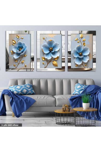 Blue Flower Gold Leaf 3 Piece Silver Plexiglass Mirrored Table