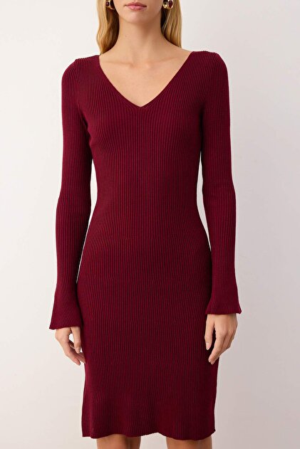 princess polly baby blue dress Trendyol Collection Burgundy V-Neck Plain Short / Mini V-Neck Bodycone  Knitwear Dress Twoaw26El00052- Trendyol main image 1