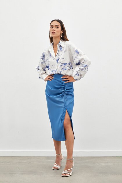 Gathered Detailed Satin Skirt - Indigo