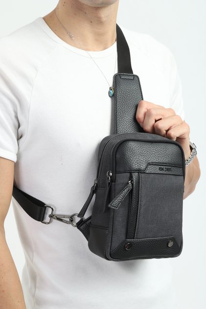 Black Canvas Shoulder Bag - Men's Multi-Compartment Organizer Crossbody Bag