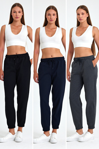 Women's Black-Navy-Anthracite Cotton Thick Leg Elastic High Waist Comfortable Jogger 3-Piece Tracksuit Bottom