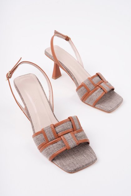 Lusia Model Brown Linen Women's Thin Heeled Daily Outdoor Shoes with Tan Stripes