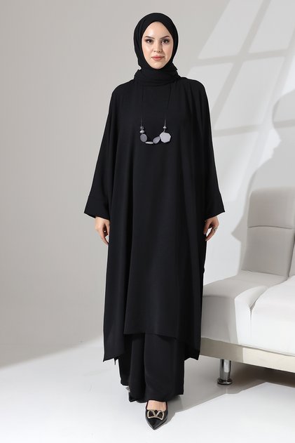 Batwing Sleeve Slit Detail Loose Crepe Aerobin Zühre Set - Black
