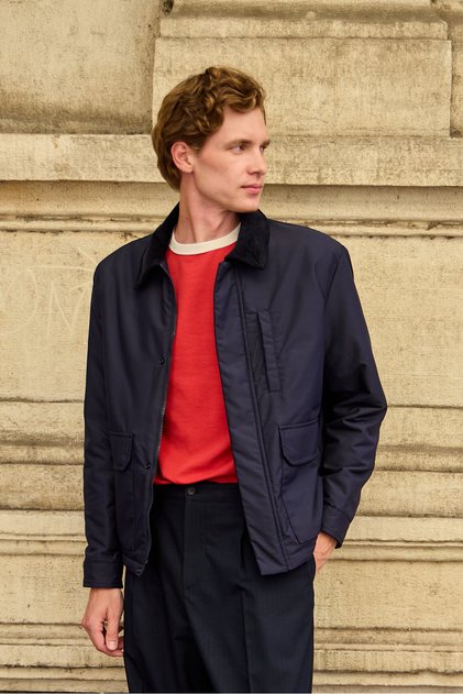 Men's Contrast Collar Coat Jacket Navy Blue