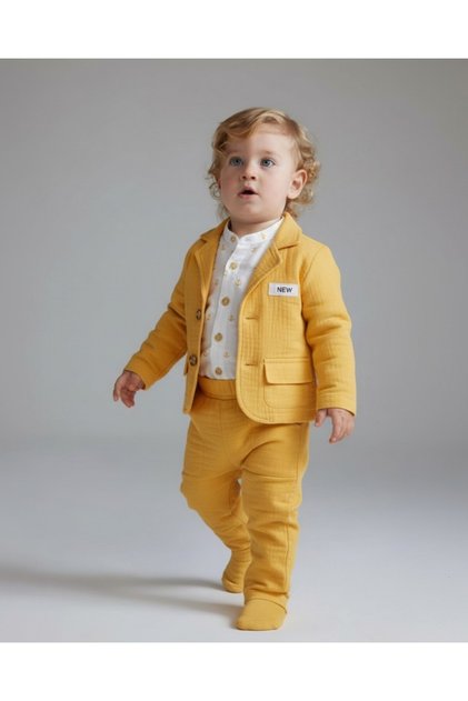 Boy Baby Muslin Suit, Stylish 3-Piece Suit with a Stylish Muslin Jacket with a Collar, Shirt and Bottoms Yellow
