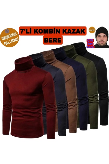 7'li kombin balıkçı yaka boğazlı kışlık kazak ve bere