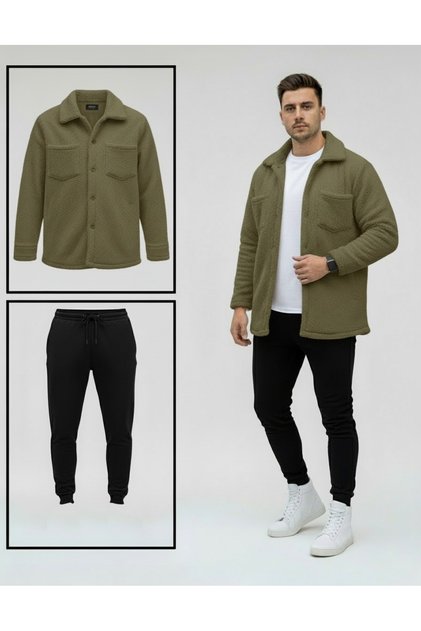 Unisex Plush Khaki Jacket And Black Tracksuit Combination Bottom Top