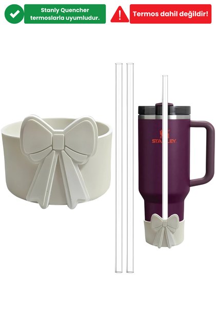 Stnly Quencher 40/30oz Uyumlu Beyaz Fiyonklu Silikon Termos Botu Koruyucu 2 Adet 30cm Tritan Pipet